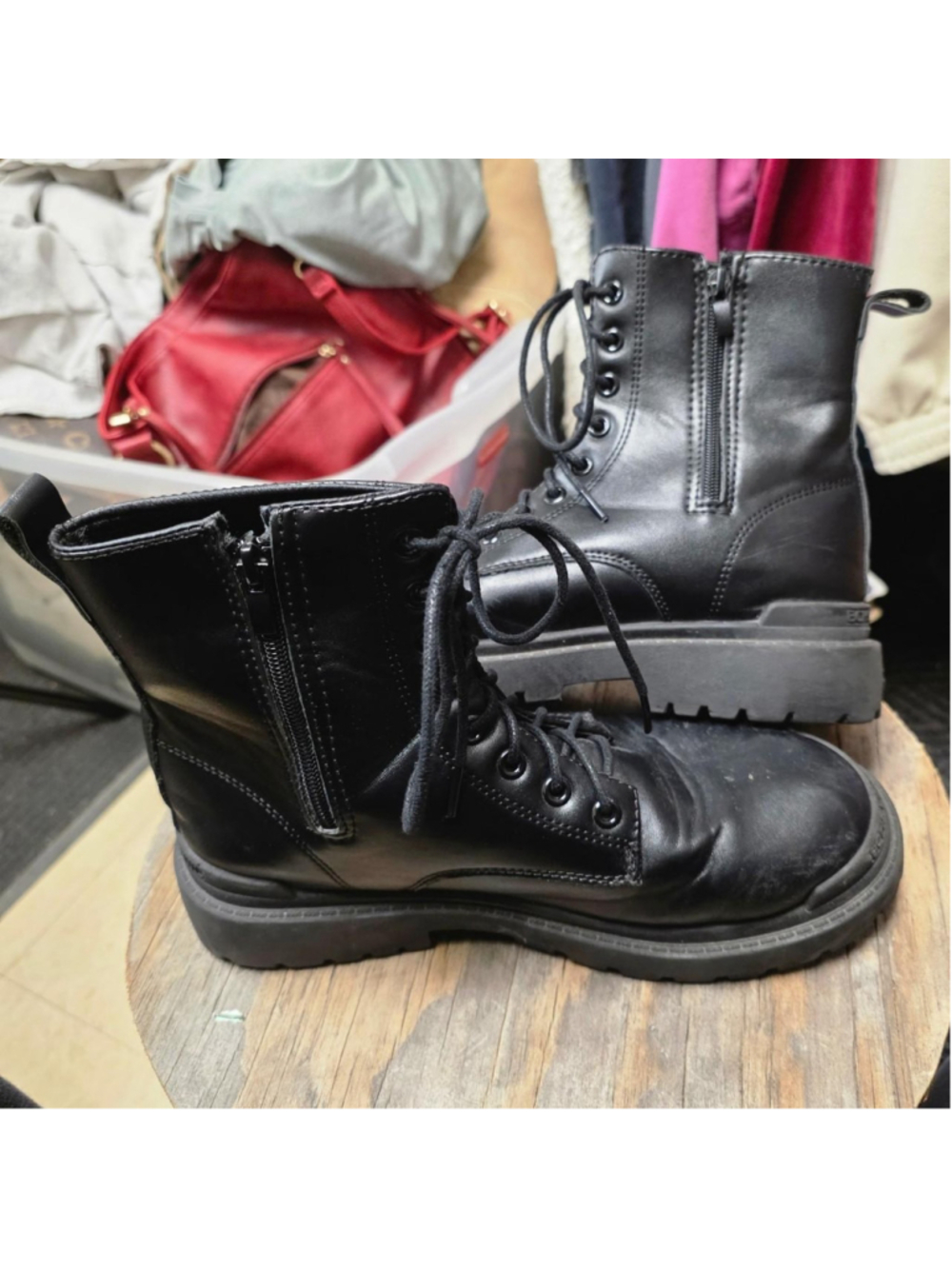 Black leather lace-up combat boots with chunky sole and edgy style #military #ed